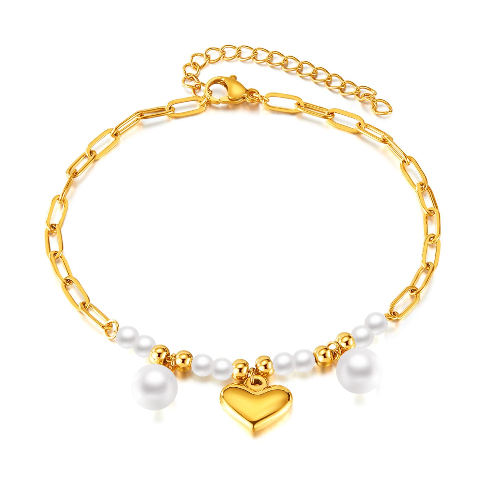 Josfeva Gold Fußketten für Damen, Klee Schmetterling Blumen Perle Herz Kreuz Rund Wulst Anhänger Fußkettchen, Verstellbar Doppelte Kette Sommer Strand Fußkette, Wasserdicht Knöchelschmuck Geschenkbox