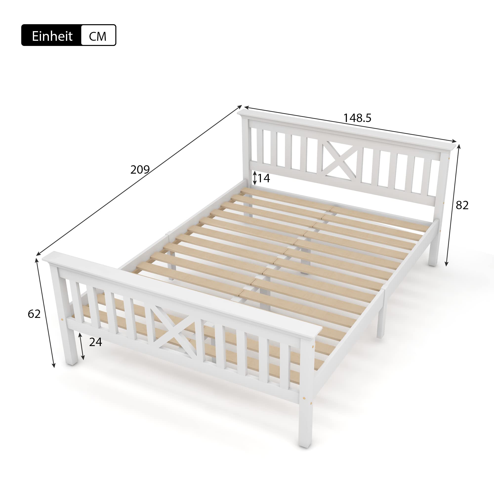 Shye Letto matrimoniale in legno massello con rete a doghe, letto in legno con testiera – Lettino per bambini in pino massiccio bianco (140 x 200 cm)
