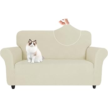 YSTELLAA Stretch Sofa Cover 2 Seater Elastic Sofa Cover with Armrests Jacquard Sofa Protector Non-Slip Universal Sofa Cover Modern Couch Covers Sofa Cover for Cats Dogs Beige
