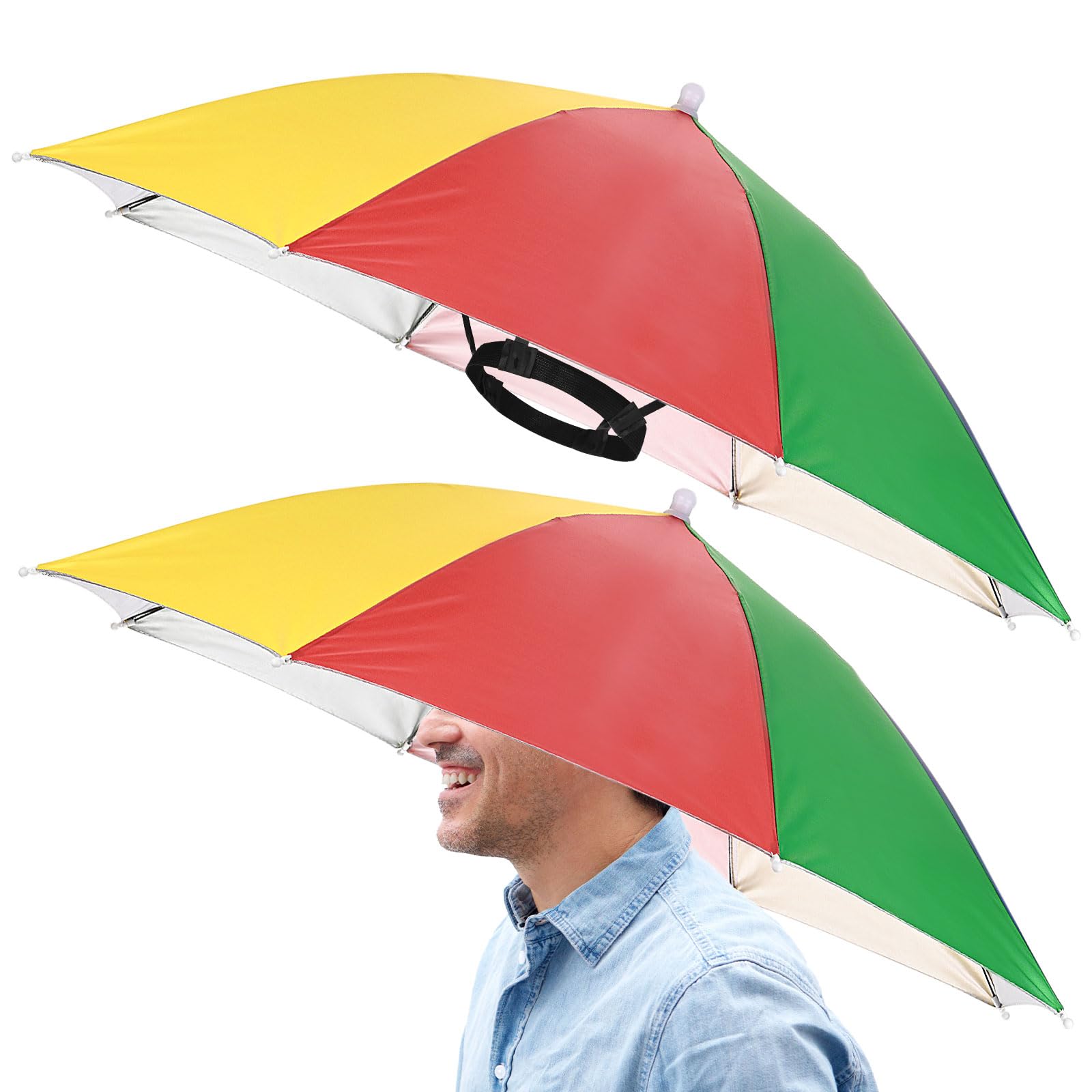 TIXIPEM 26" Headband Umbrella Hat [2 Pcs] - Hand Free Foldable Umbrella Cap Sun Hat Use for Fishing & Gardening & Golf & Camping & Hiking - [Watermelon] Silver Coating Top Outdoor