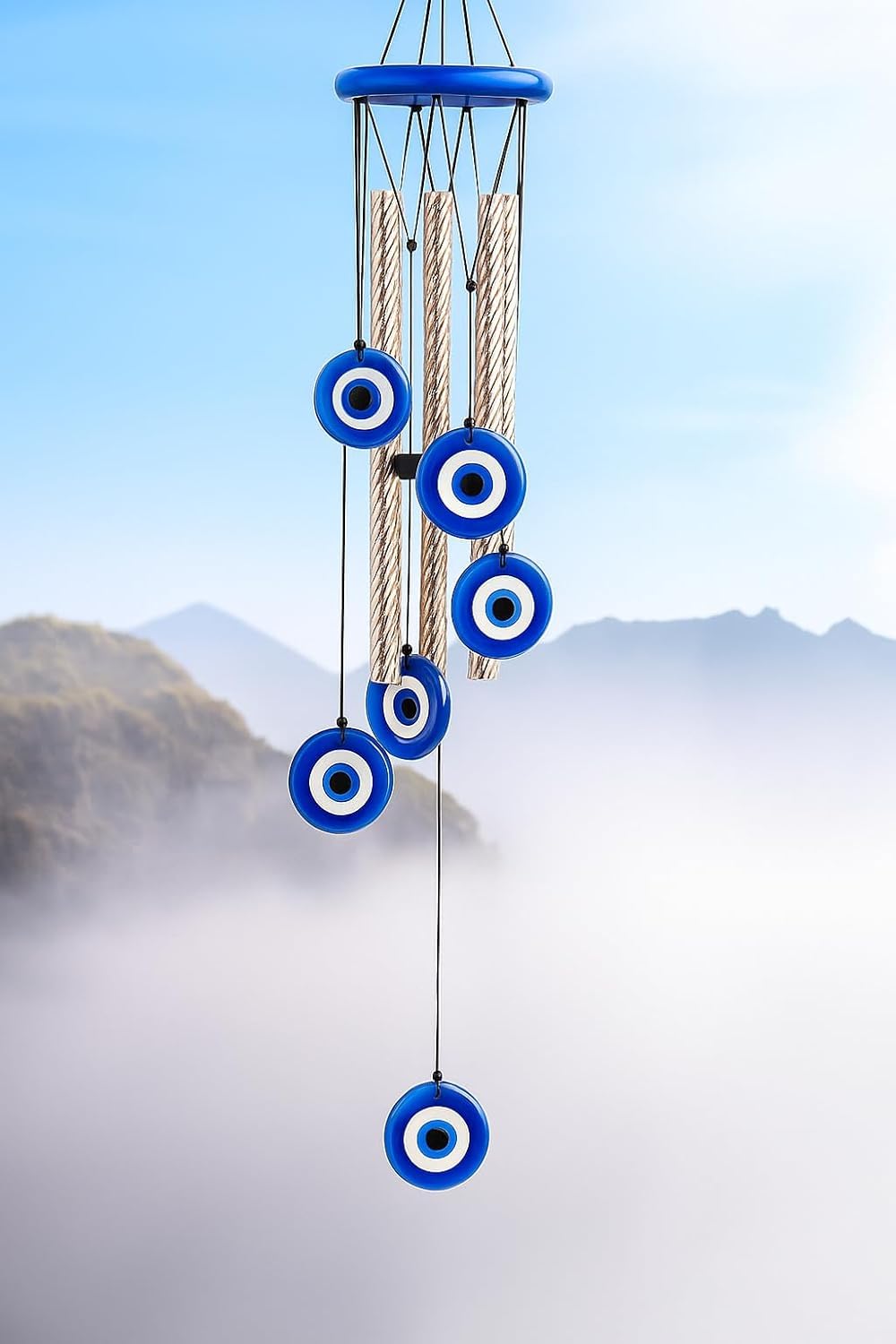 25 Inch Evil Eye Wind Chime – Blue Nazar Protection Hanging Decor with Metal Tubes – Indoor Outdoor Balcony Garden Home Wall Decoration (62 cm)-image-6