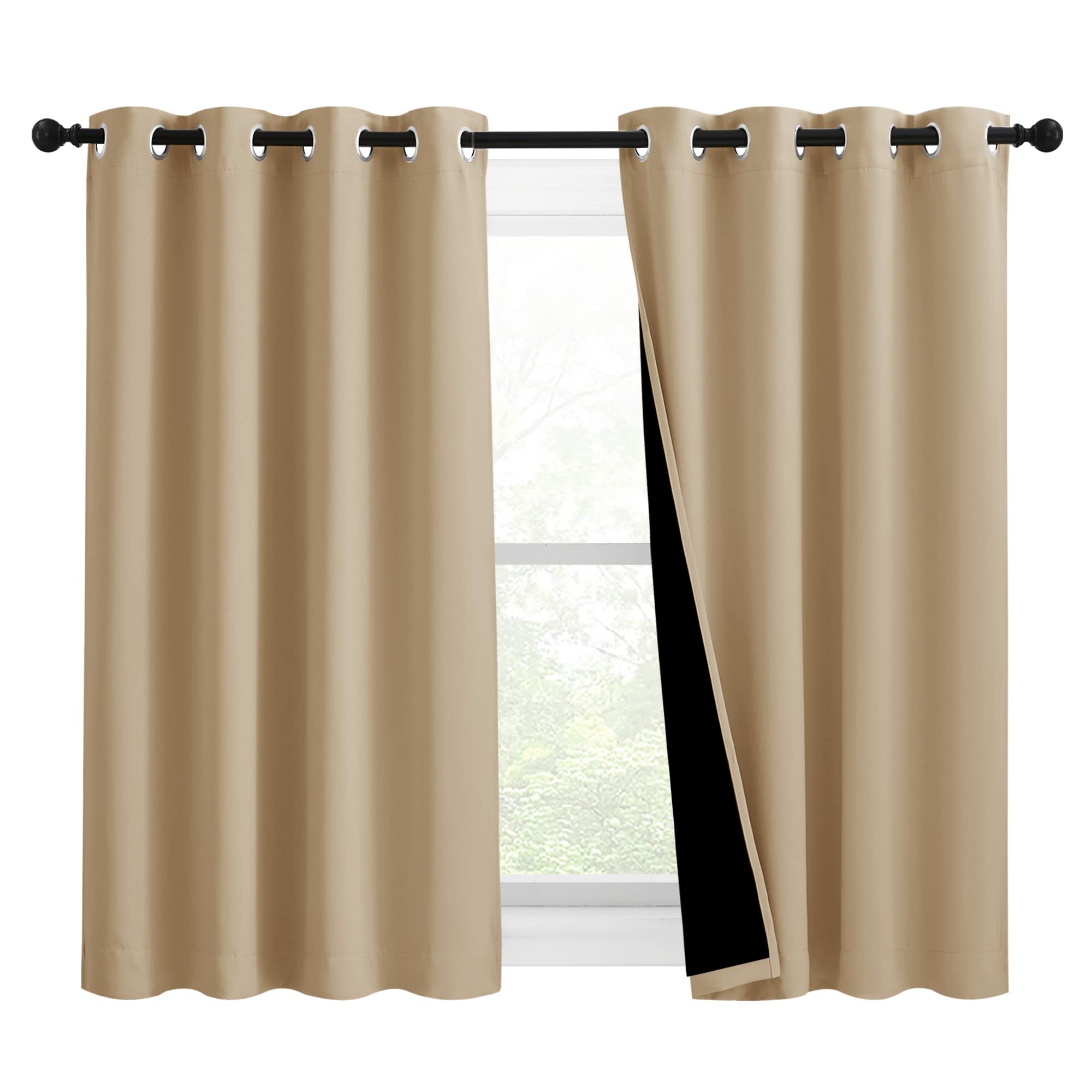 NICETOWN Bedroom Full Blackout Curtain Panels, Super Thick Insulated Grommet Drapes, Double-Layer Blackout Draperies with Black Liner for Small Window (Set of 2 Pcs, 46 by 54-inch, Biscotti Beige)