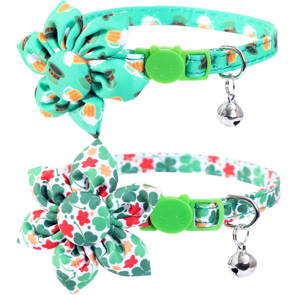 St.Patrick's Day Cat Collar Breakaway with Cute Sunflower and Bell Accessories Holiday for Kitty Adjustable Safety