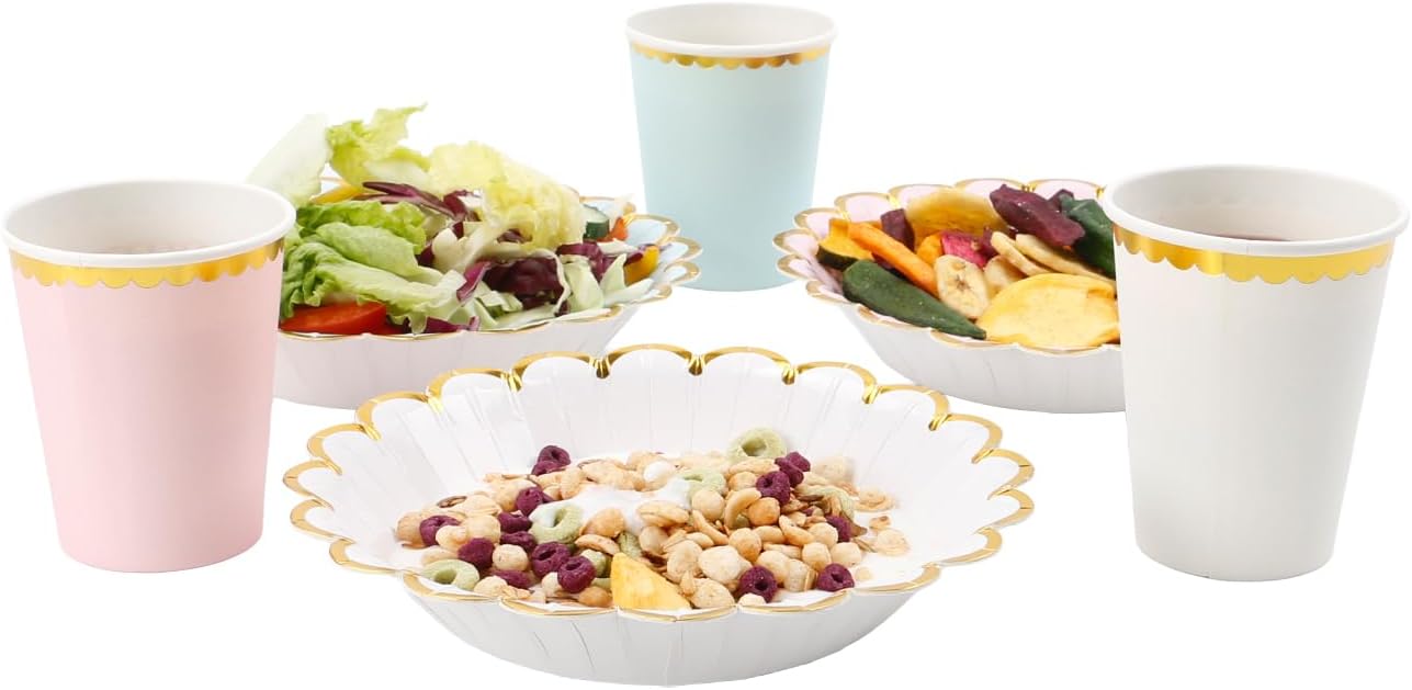 Geeklife Gold White Disposable Paper Bowls with Foil Scalloped Border,20oz Party Serving Bowls for Daily Meal Soup Morning Cereal For Wedding,Birthday and Home Party,30pcs