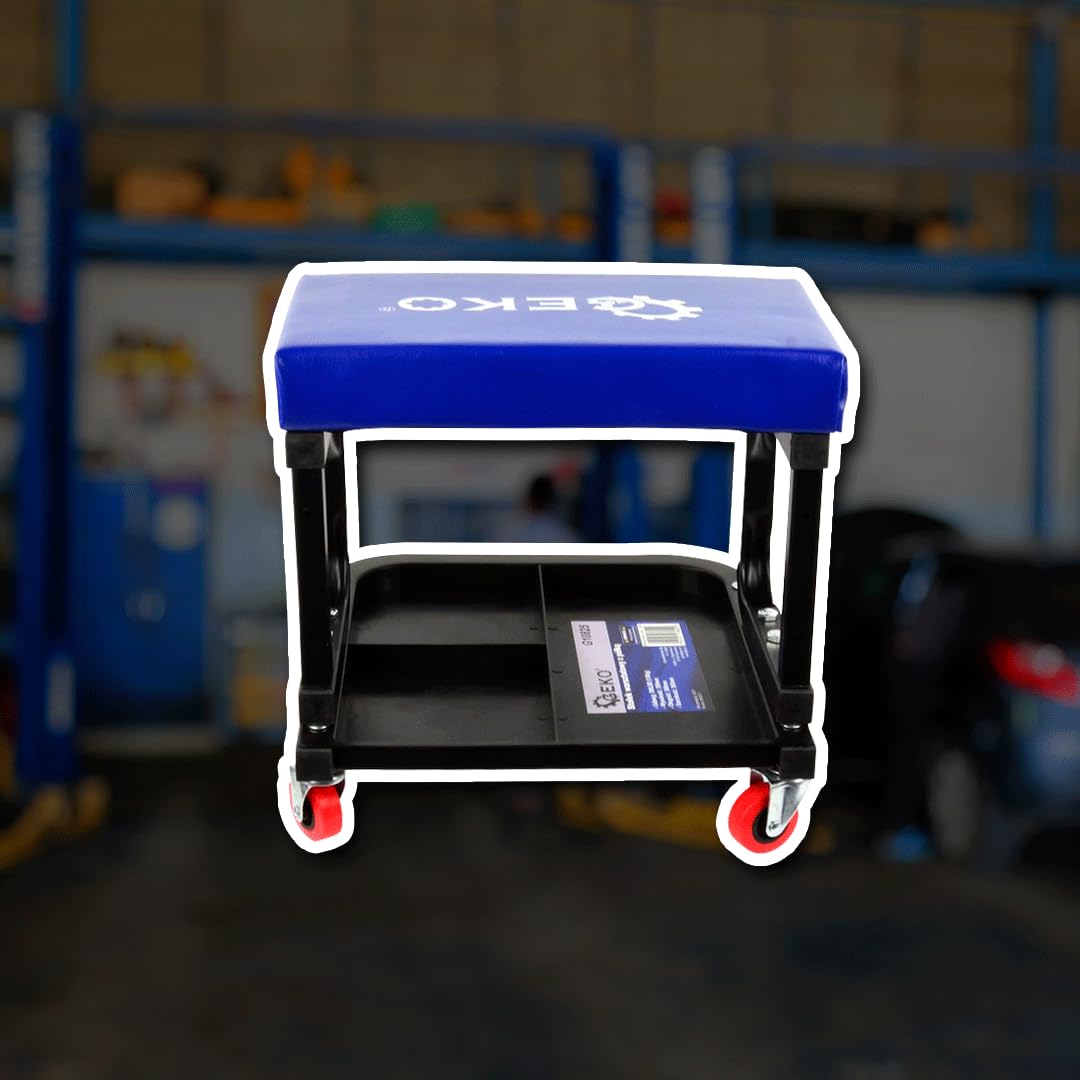 Taburete de Trabajo | Cuerpo de Acero Resistente, Asiento Acolchado, Carga Máxima 136Kg | Taburete con 4 Ruedas Giratorias 360° | Taburete de Taller Con Estante Dividido Para Herramientas