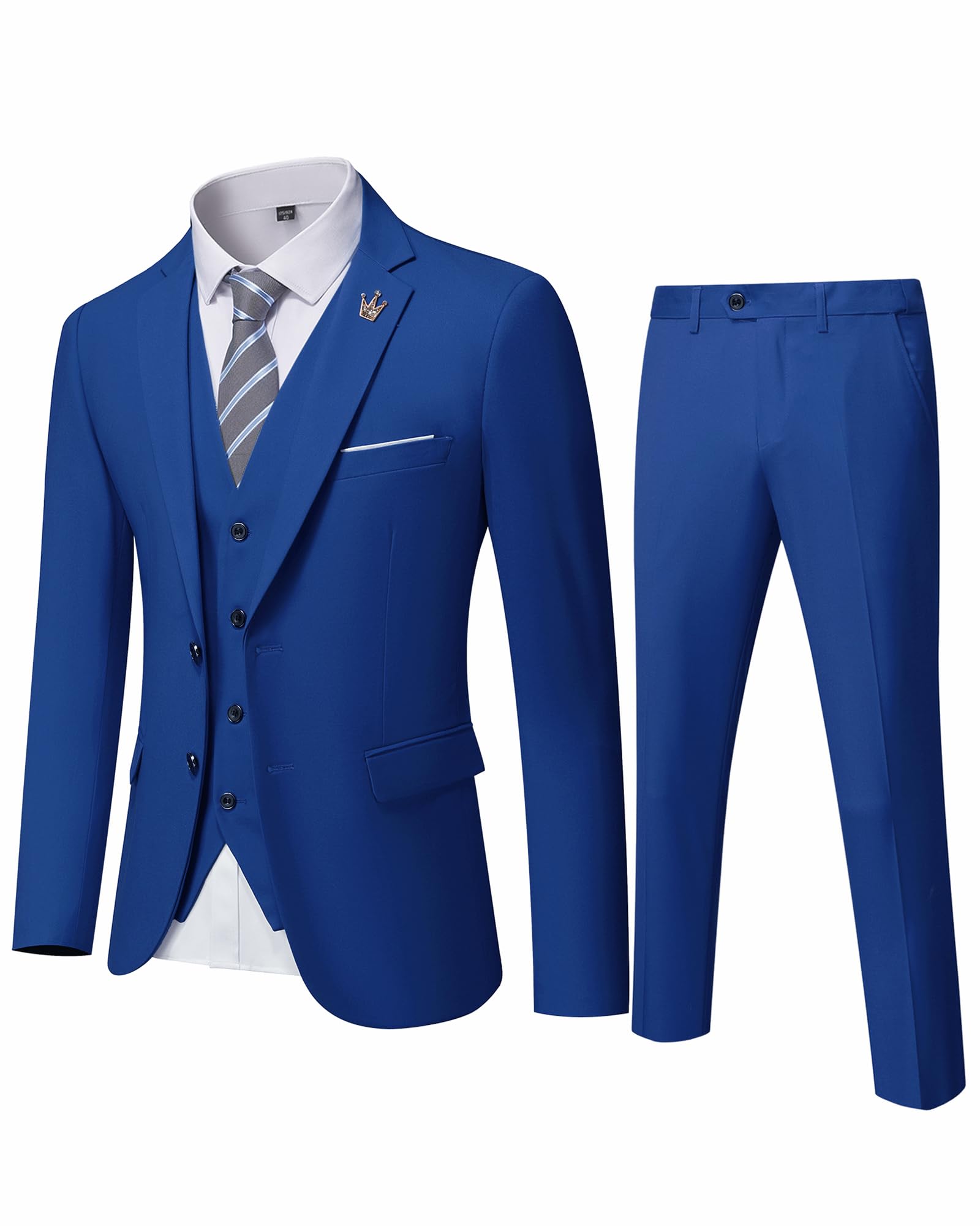 MY'S Men's 3 Piece Slim Fit Suit Set, Two Button Blazer Jacket Vest Pants with Tie, Solid Wedding Dress Tux and Trousers