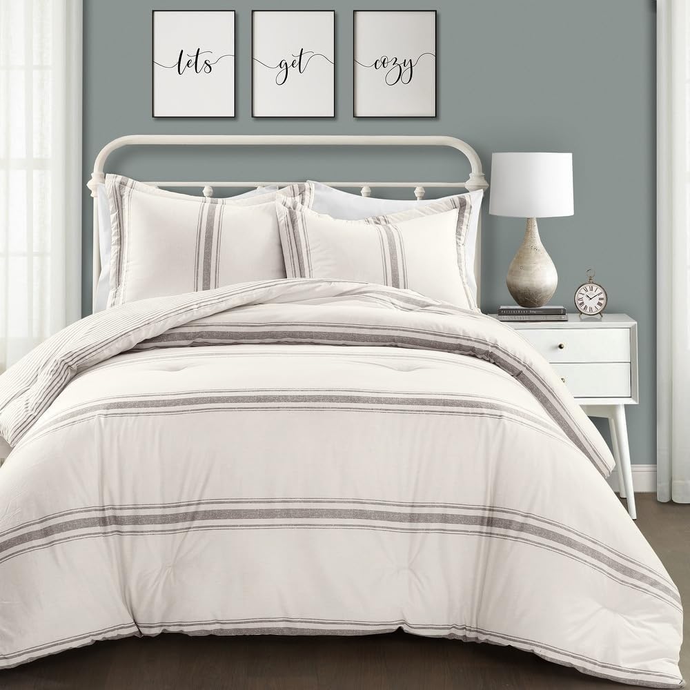 TRP 3 Piece Reversible Nautical & Coastal Farmhouse Comforter Set Queen-Full Size | White Grey Color Block Design Stylish Striped Pattern All Season Shabby Chic Bedding | Classic Plush Soft Luxury - Image 1 of 4
