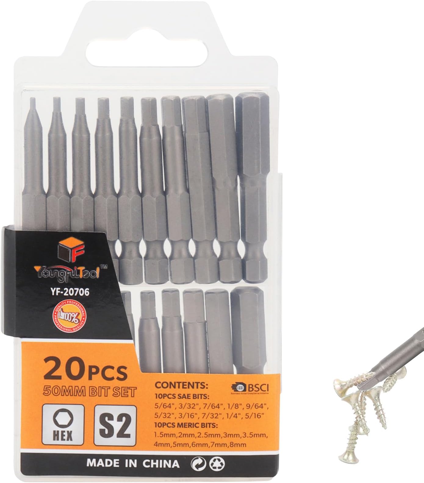 20Pcs SAE/Metric 50mm Bits Set with Head from H5 to H40 1'' 2.3''Long Shank 1/4 Hex Tail S2 Steel Drill Bits Tamper Resistant Bits Suitable for Drills,Hand,Power or Air Tools (20 pcs)