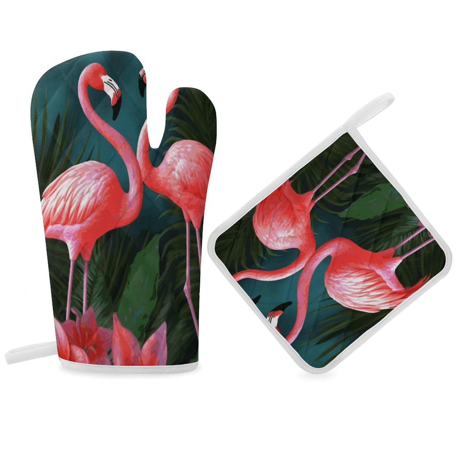 Fodpand Women's Style Flamingo Flowers Oven Mitts And Pot Holders Sets,Oven Gloves For Kitchen Oven Mitts And Potholders For Baking Cooking Grilling Apartment Essentials