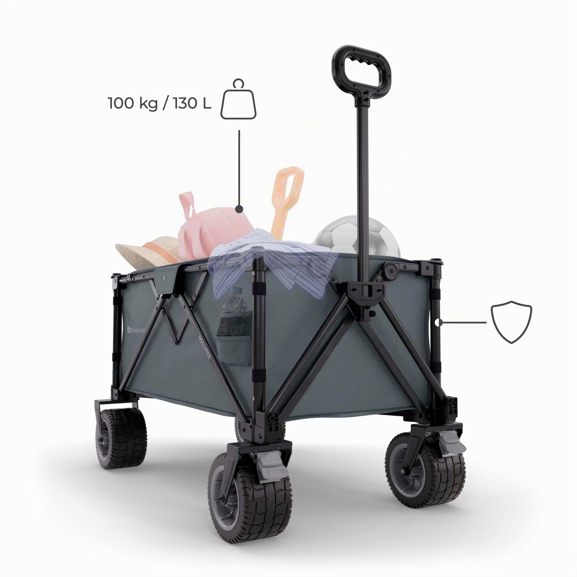 Kinderkraft ROLLSTER, klappbarer Bollerwagen, Tragkraft 100 kg, Volumen 130 l, Stabiler Stahlrahmen, Oxford 600D Gewebe, große Geländeräder, Teleskopgriff, kompakt, leicht zu transportieren, Grau