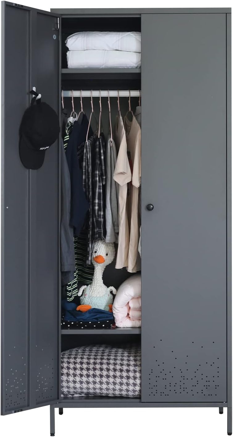 Low Open Children's Wardrobe With Hanging Rod, Shelves & Drawer - Easy Assembly MDF (White)