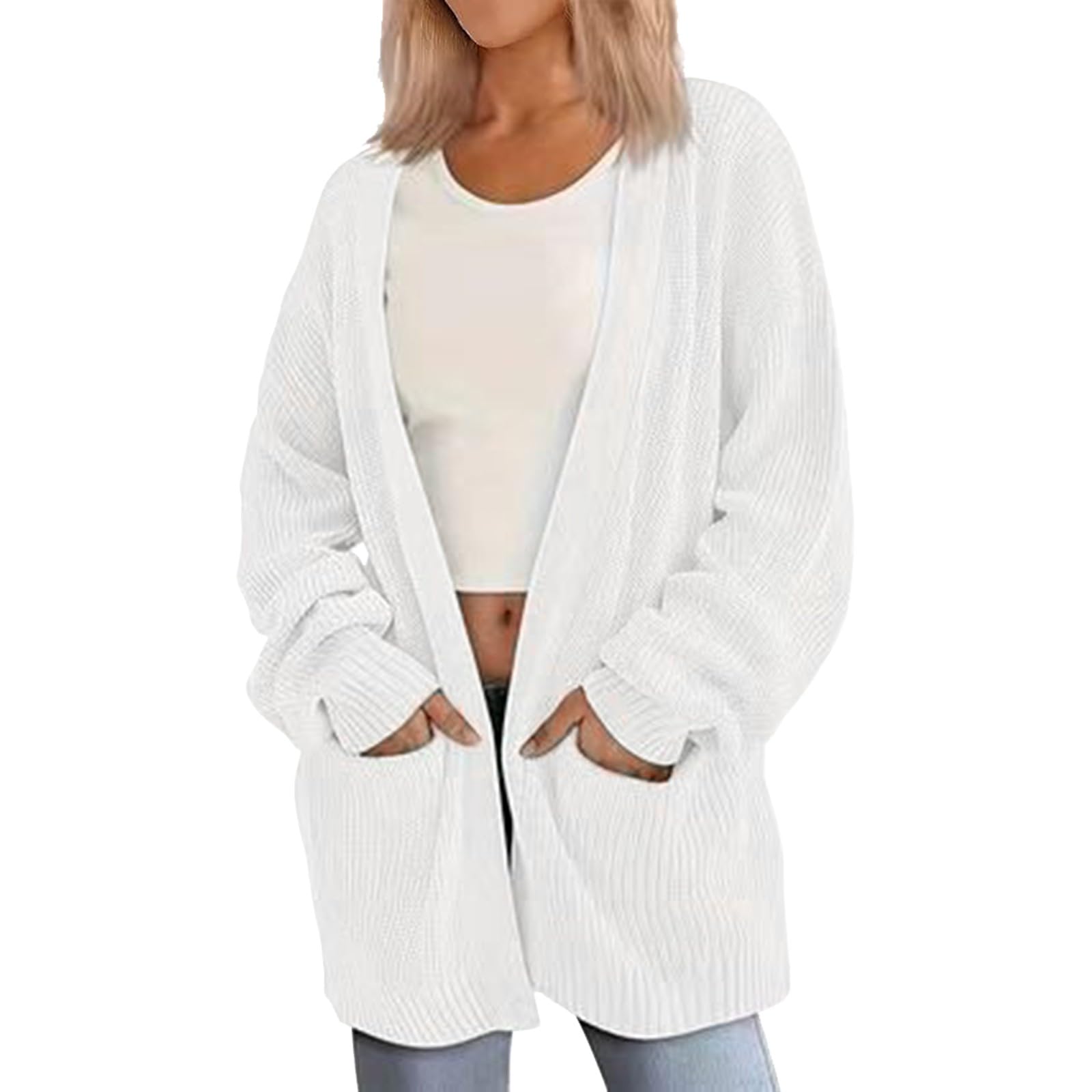 Generisch Cárdigan de punto para mujer, manga larga, elegante, suave, con bolsillos, chaqueta gruesa de invierno, abrigo de punto cálido, tallas grandes, ropa de exterior, suéter informal, otoño de