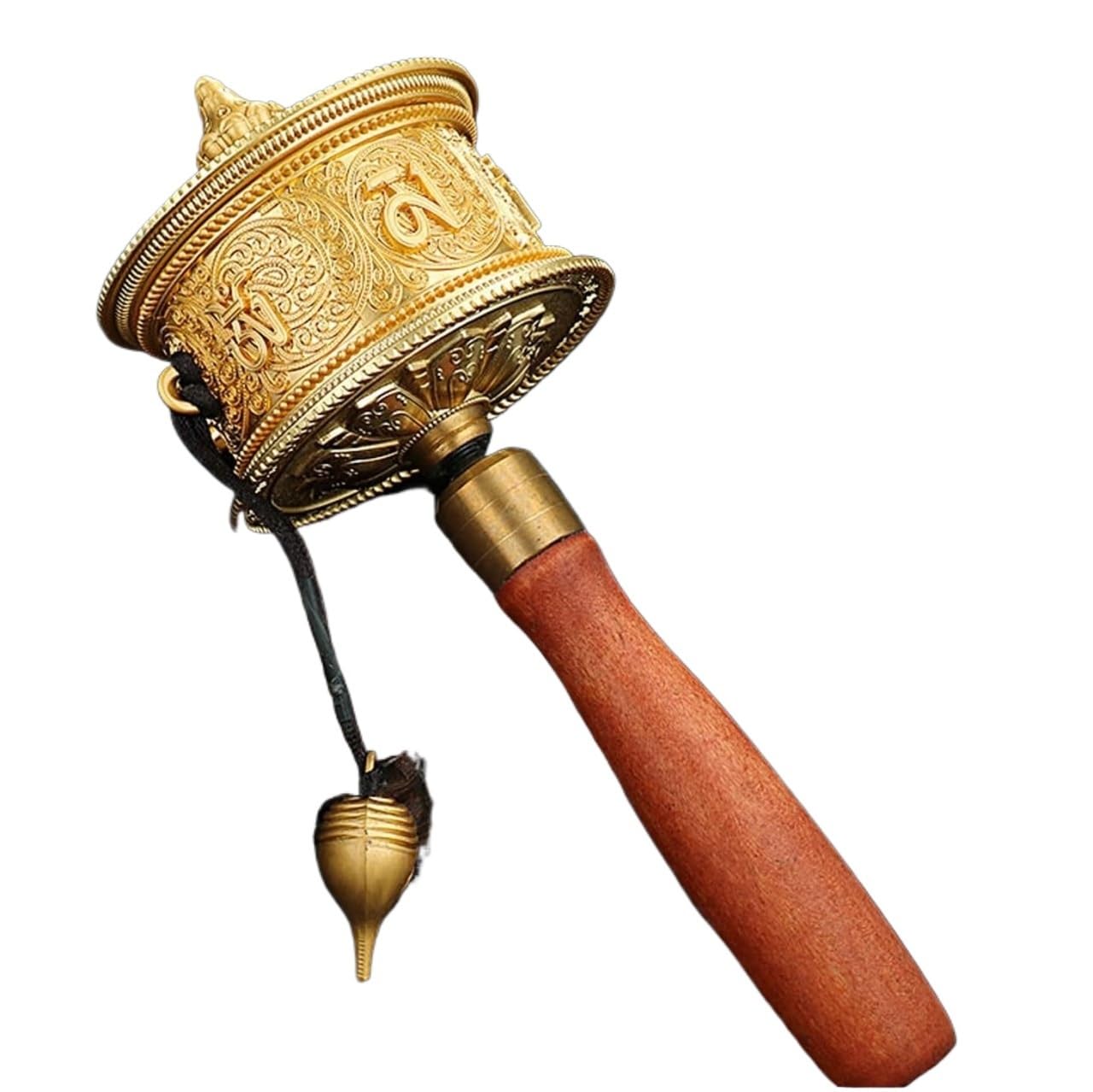 Rueda de oración tibetana, Rueda de oración tibetana con manivela, mantra de seis palabras Kuan Yin, mango de madera dorado, 21 cm