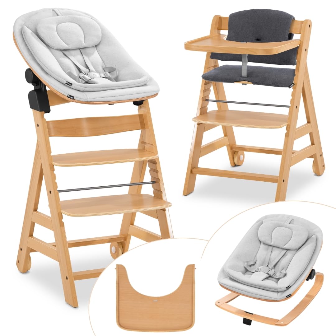 hauck Seggiolone Pappa Alpha Move Set Neonato con Eco Bouncer – Seggiolone Evolutivo Legno Regolabile dalla Nascita, incluso Sdraietta Neonati, Cuscino per Seduta e Vassoio