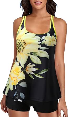 Maillots De Bain Deux Pièces Pour Femme - Contrôle Du Ventre - Imprimé Modeste - Haut De Bikini Avec Short, A-BLACK