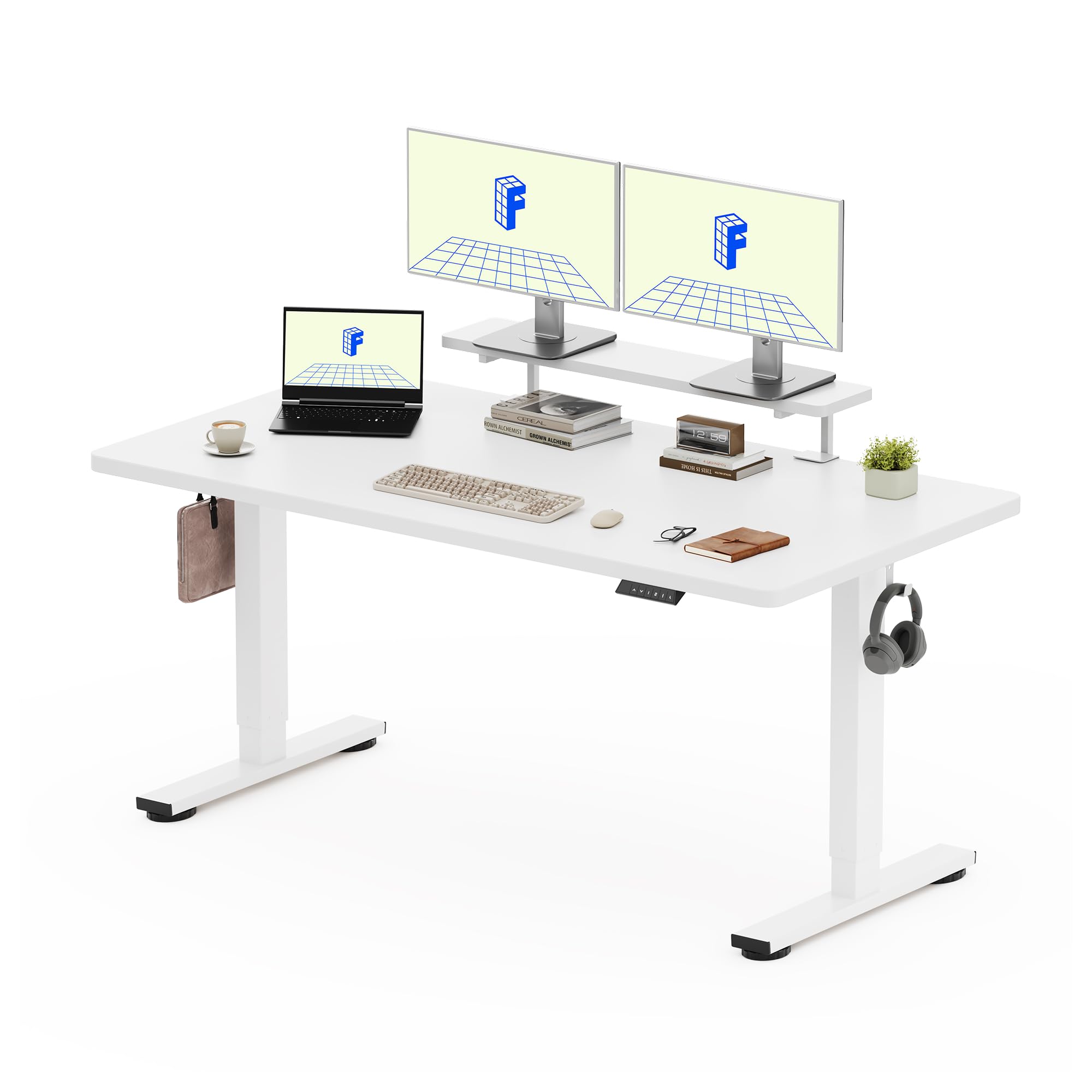 FLEXISPOT Escritorio Elevable Eléctrico 160x60 cm con Soporte para Monitor y Almacenamiento, Carga 100 kg, Regulable en Altura con Memoria, Estante y Cajones, Fácil Montaje, Blanco
