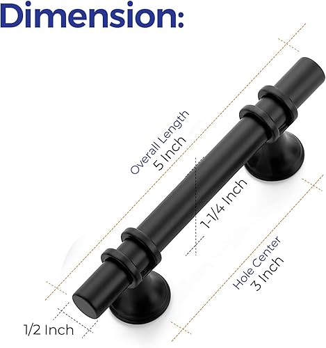 Miniatura 3 de Ravinte Paquete de 5 tiradores de gabinete de 5 pulgadas con base redonda, tiradores de cajón color negro mate, manijas de gabinete de 5 pulgadas de