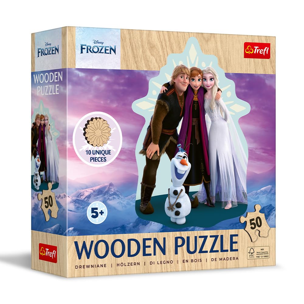 Trefl - Puzzle in Legno: Frozen, Il Regno di Ghiaccio Preferito - 50 Pezzi, Puzzle ad Incastro Wooden Puzzle, Forme Irregolari, 10 Personaggi, per Bambini dai 5 Anni