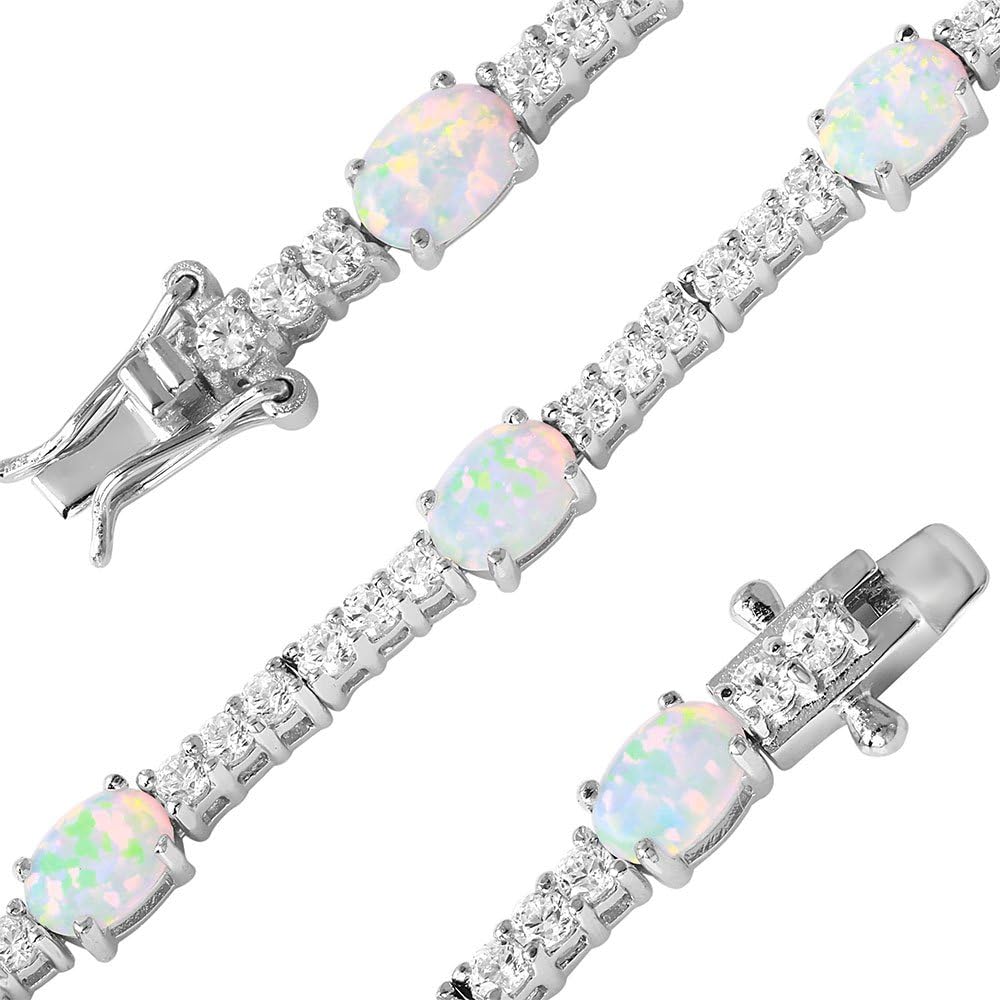CloseoutWarehouse Oval Simulated Opal With Clear Cubic Zirconia Tennis Bracelet Rhodium Plated Sterling Silver