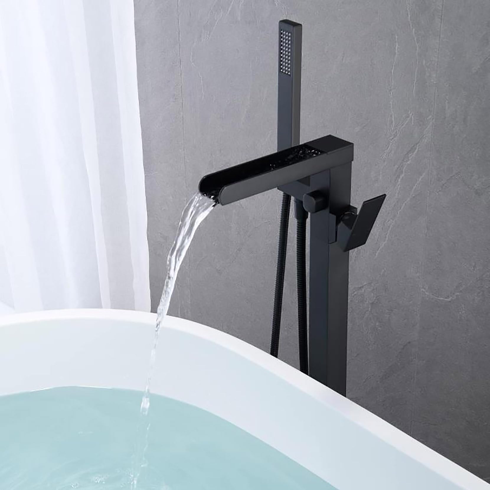 Grifo de bañera en Cascada de Alto caudal, Grifo de bañera Independiente, Grifo de baño Monomando de latón con Ducha de Mano, Grifo de baño con Ducha de Mano, Grifo de baño Negro Mate