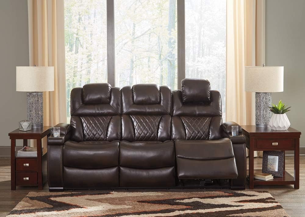 Brown Faux Leather Power Reclining Sofa with Storage and Cup Holders