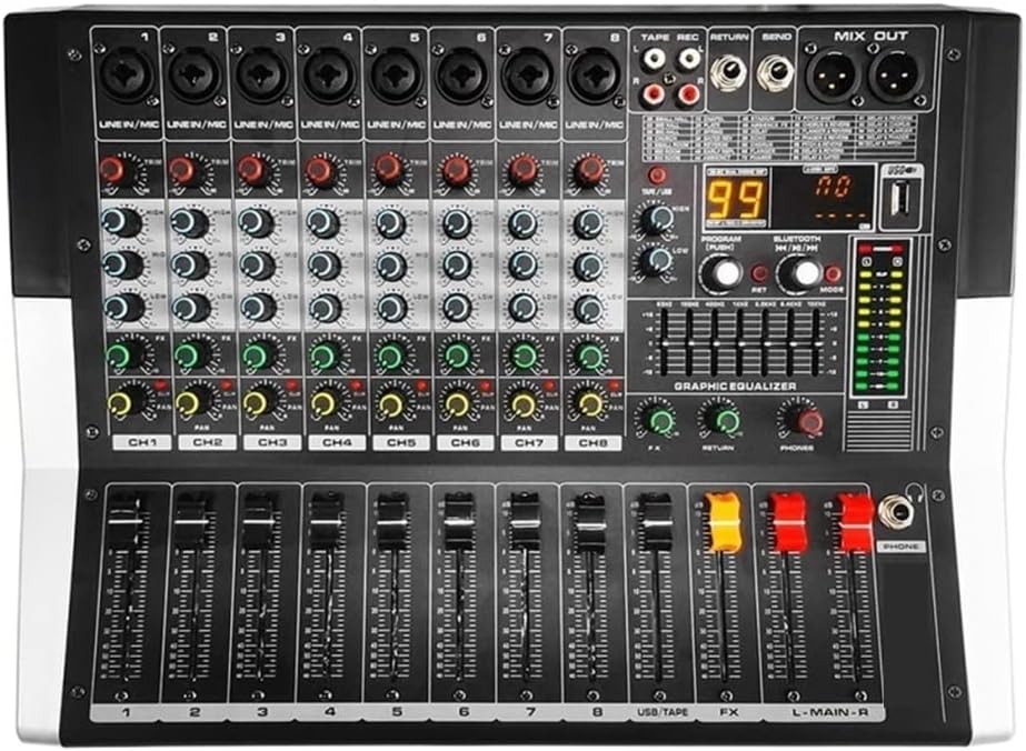 Audio Mixer, Professional 8-Channel Mixer Powerful 7-Band Equalization Mixer with USB Switch for Stage Ktv