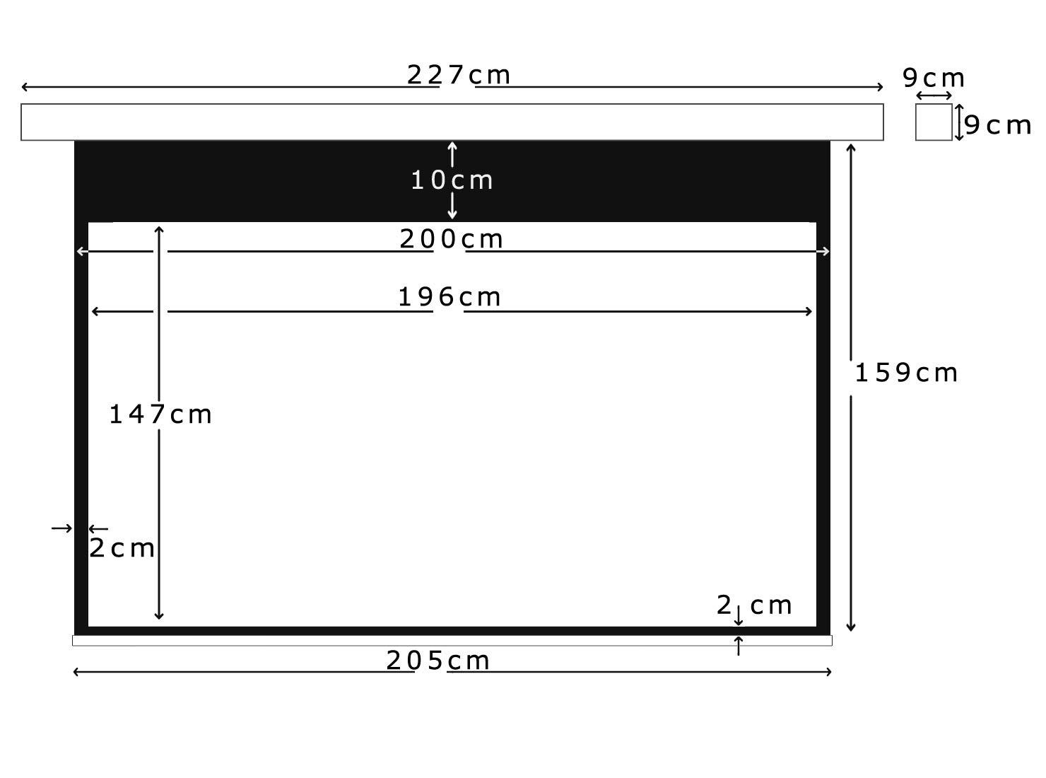 Home Theatre & Business - Schermo motore universale per videoproiettore, 200 x 159 (196 x 147), lunghezza alloggiamento 227 cm, 4:3/97", HDTV/Full HD, 3D, 4K, alloggiamento quadrato, lato sinistro,