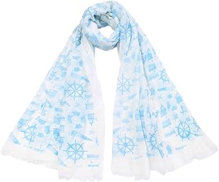 Elegant Anchor & Rudder Print Frayed End Scarf Wrap, Blue