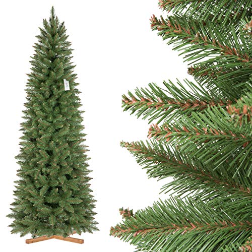 FairyTrees Pícea Natural Slim, Tronco Verde, Árbol de Navidad Artificial, PVC, Soporte de Madera, 220cm