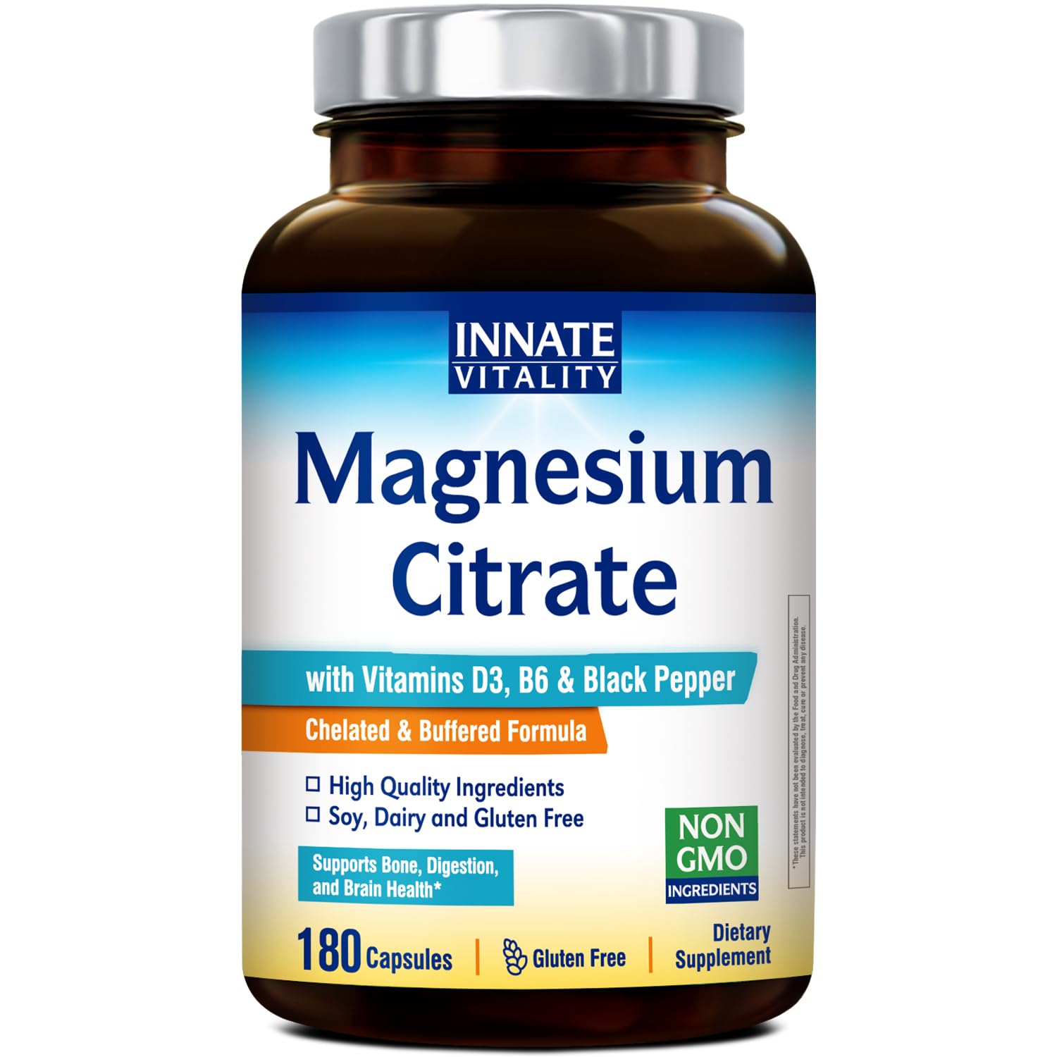 Innate Vitality Magnesium Citrate, Chelated Magnesium Supplement, w/Vitamin D3, B6, Black Pepper Extract, Enhanced Absorption, Digestion, Bone & Brain Support, 180 Capsules, No Gluten