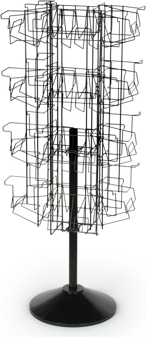 Wire Display Rack for Books, Floor-Standing Fixture with Adjustable Height Pole - 43 to 54.25 Inch, Thirty-Two Pockets in Three Different Sizes - Black Welded Wire with Plastic Base