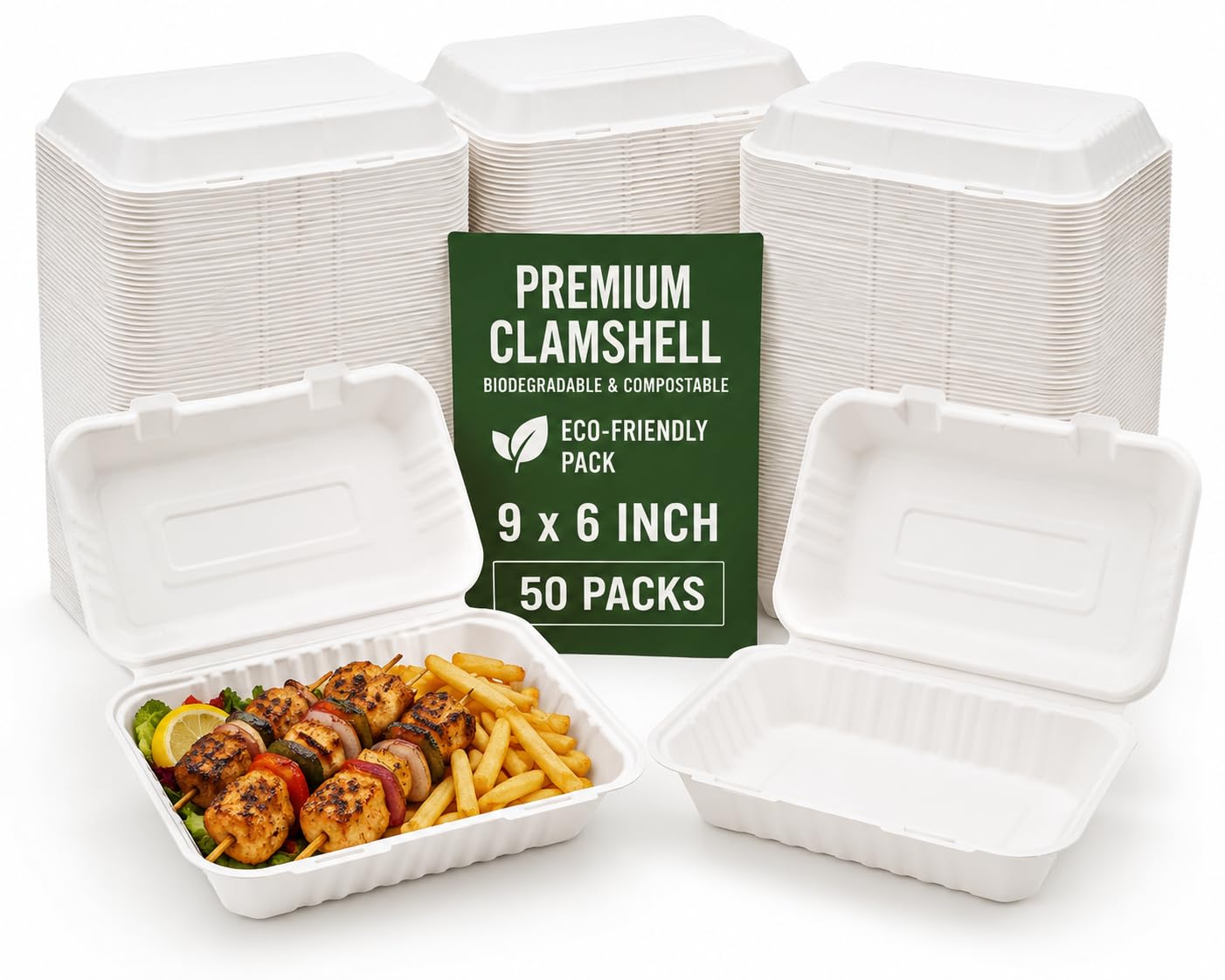 VylEco Eco-Friendly Clamshell Takeaway Boxes – Disposable Food Containers with Lid, Biodegradable Sugarcane Bagasse, Leak Resistant & Microwave Safe 9x6 Inch (Pack of 50)