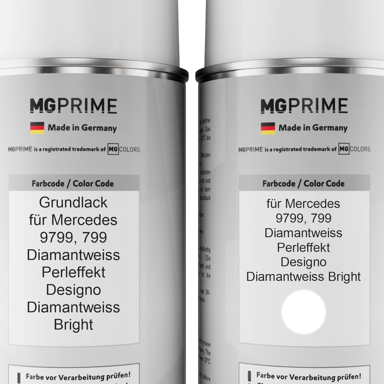 MG PRIME Autolack Spraydosen für Mercedes 9799/799 Diamantweiss Pe. +2K | Designo Diamantweiss Bright / Diamantweiss Perleffekt, Set aus Grundlack + Basislack + 2K Klarlack, Sprühdosen 400ml