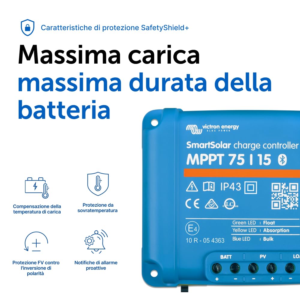 Victron Energy SmartSolar MPPT 75V 15 amp 12/24-Volt Regolatore di Carica Solare (Bluetooth) | Controller di ricarica Bluetooth per pannelli solari