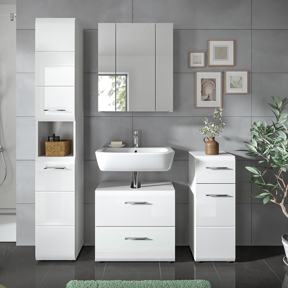 Lomadox Badezimmer Badmöbel-Set 4-teilig in weiß mit weiß Hochglanz, mit 1 Hochschrank, 1 Unterschrank, 1 Spiegelschrank mit 3D-Funktion & 1 Waschbeckenschrank
