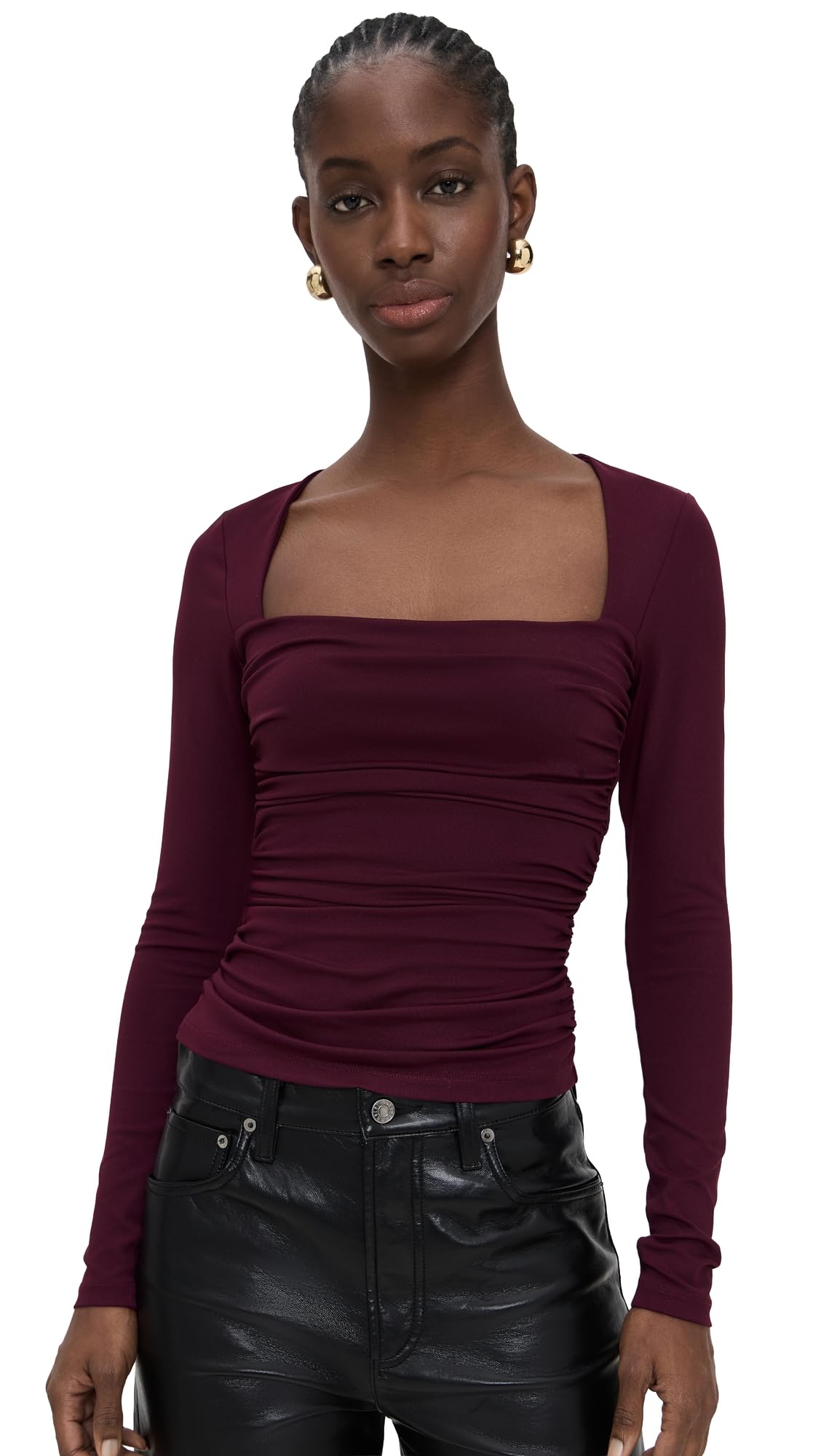 Susana Monaco Womens Straight Front Gathered Long Sleeve Top