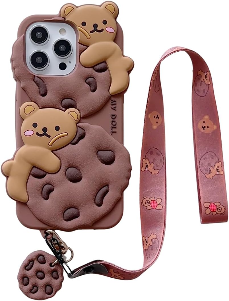 3D Cute Cookie Bear Case with Lanyard for iPhone 14 Pro Max,Cartoon Dessert Animal Character Kids Girls Women Soft Silicone Case for iPhone 14 Pro Max 6.7 inch 2022 (Cookie Bear)