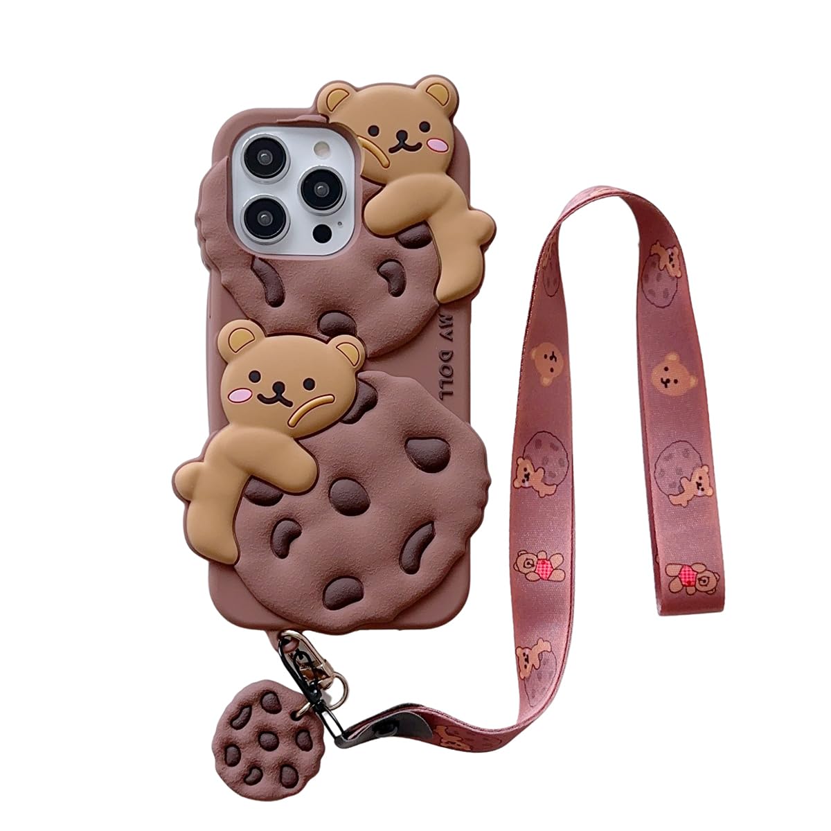 Lubiogio 3D Cute Cookie Bear Case with Lanyard for iPhone 15 Pro Max,Cartoon Dessert Animal Character Kids Girls Women Soft Silicone Case for iPhone