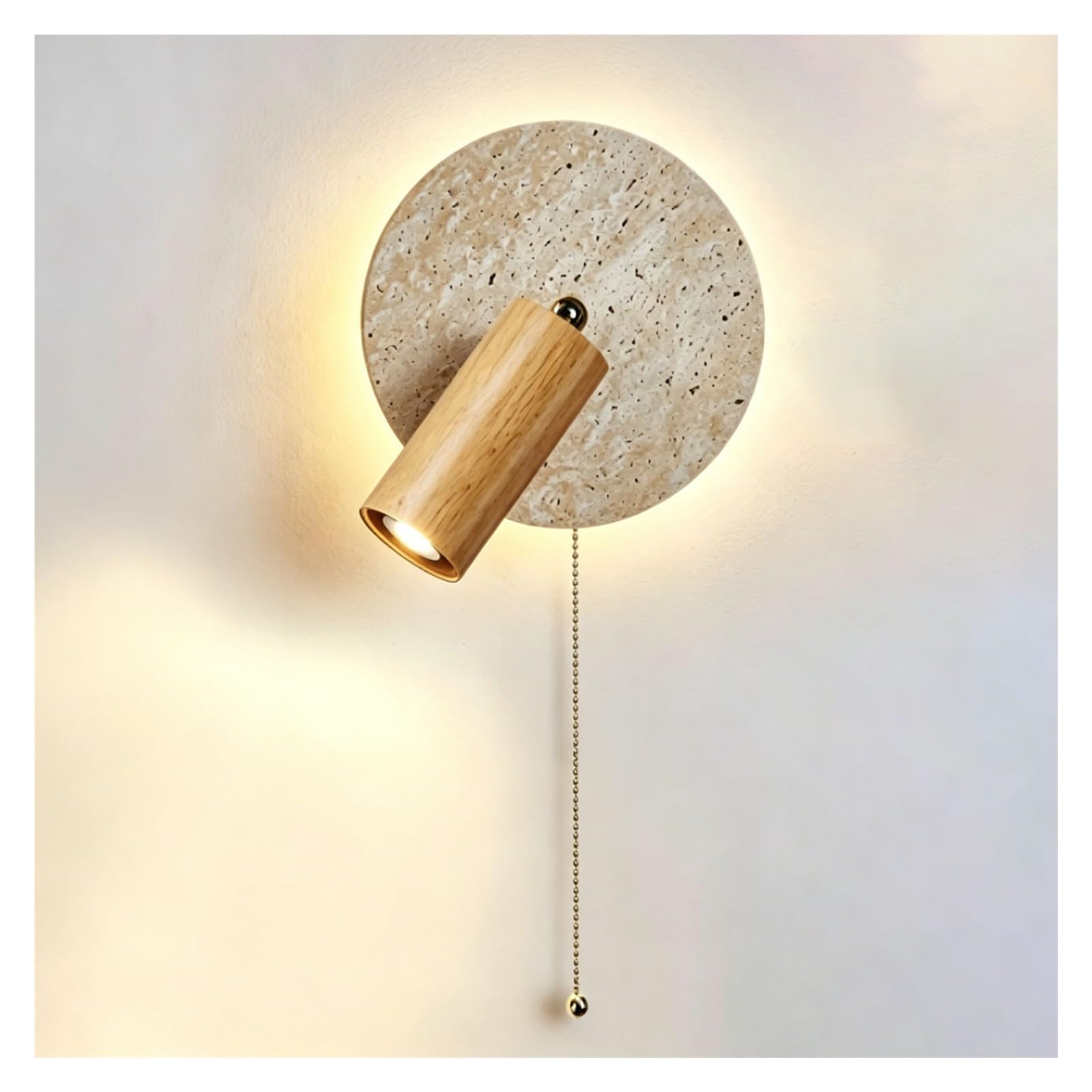 LUOYAOB Yellow Travertine Wall Sconce Adjustable Rotatable Reading Light with Pull Switch Japanese Style Stone Wall Lamp Solid Wood Base Vintage Hardwired Wall Fixture E26/E27(Natural-C)