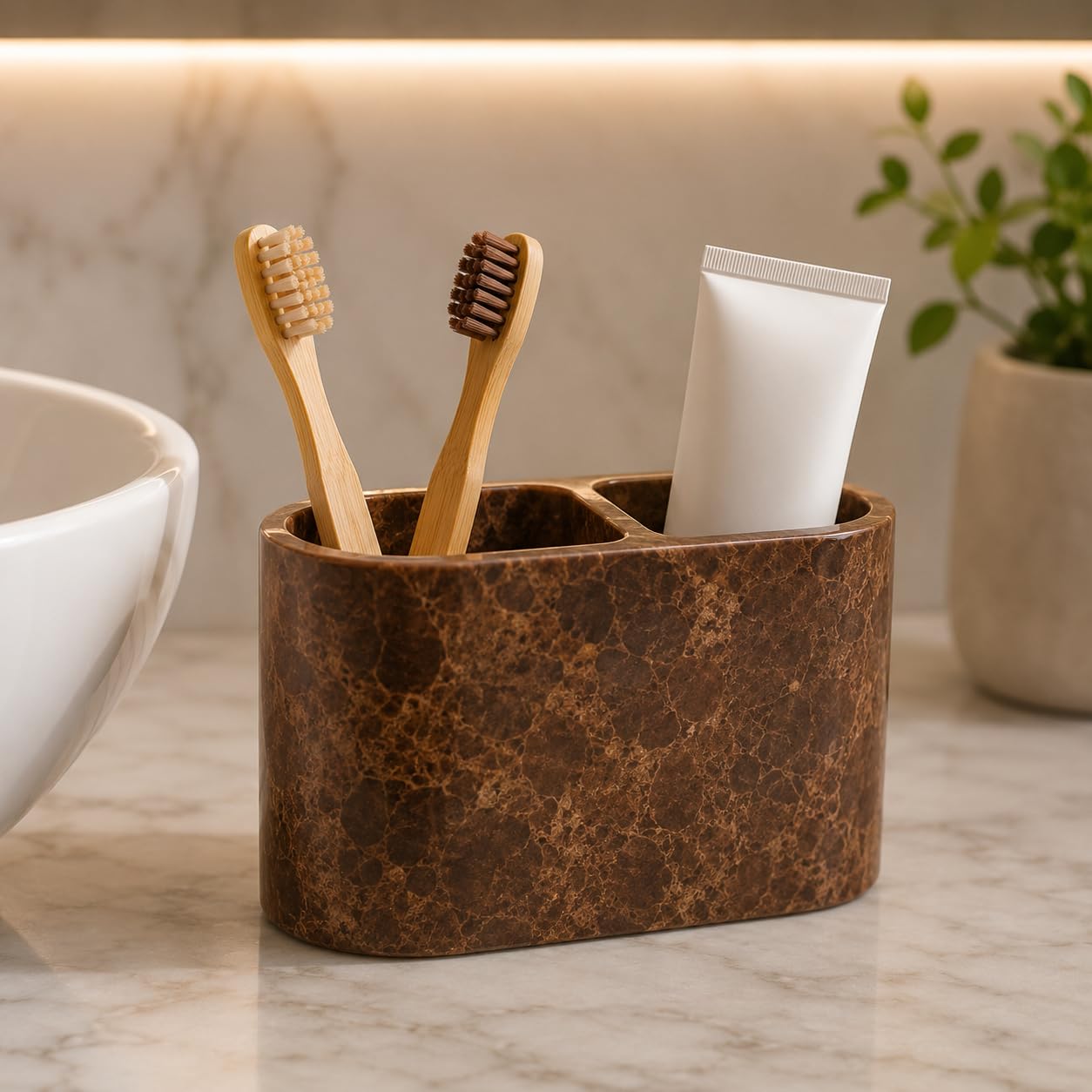 Brown Marble Toothbrush Holder, Premium Dual Compartment Bathroom Organizer, Durable Resin Toothbrush & Toothpaste Holder, Easy to Clean, Water-Resistant, Large Capacity Countertop Storage A286