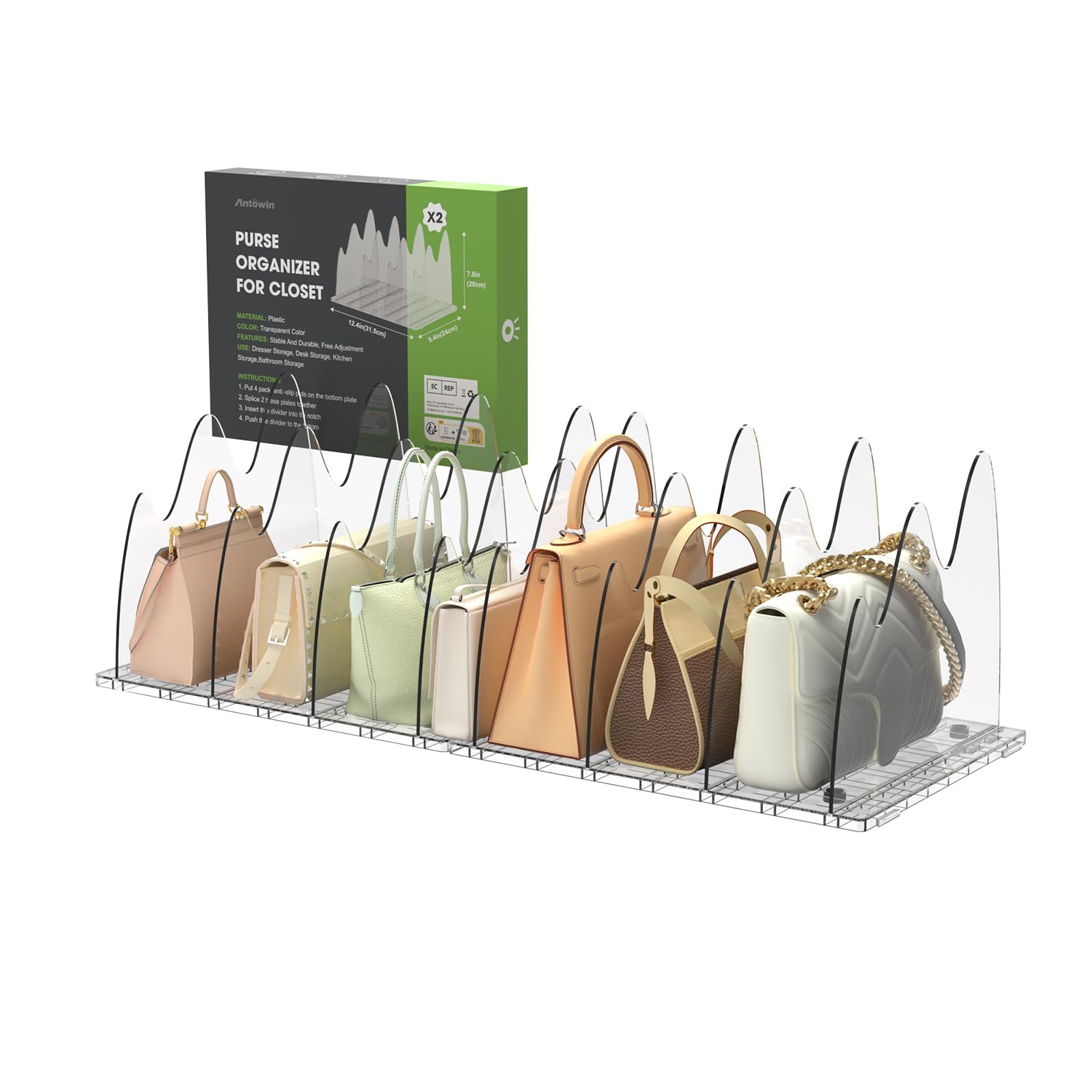 ANTOWIN 2 Pack Purse Stand Holder for Handbags, Transparent Bag Holder, Adjustable Wide with Non-Slip Base for Closet Organization, Bag Display, Vanity Display