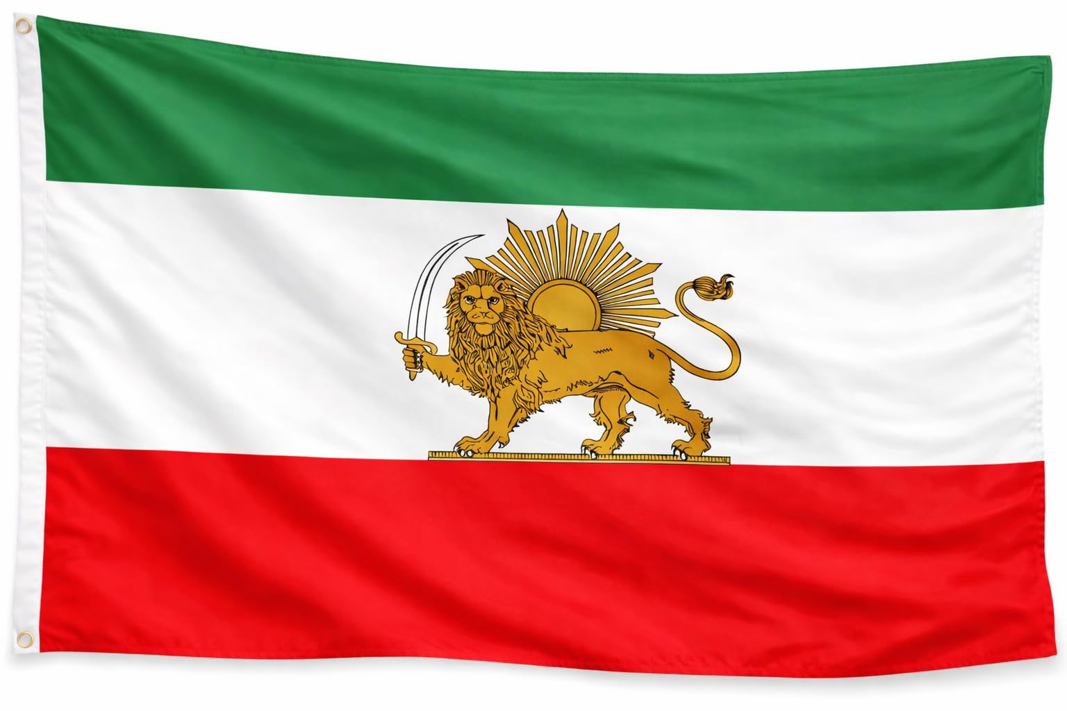 Iranian Persian Lion and Sun Flag Classic Persia Tricolor Banner With 2 Brass Grommets – 3 x 5 ft (90 x 150 cm) – Durable Polyester – (Lion & Sun)