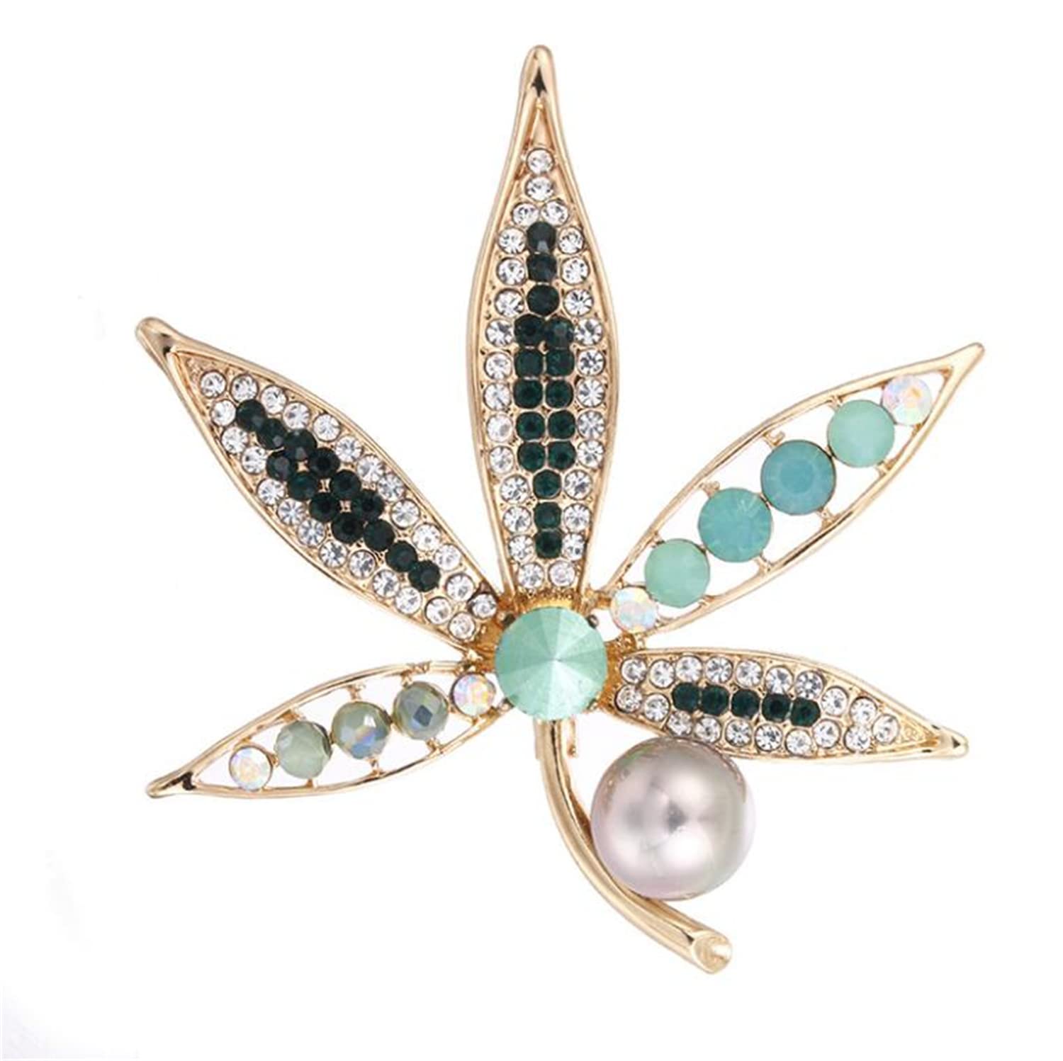 wiipujewelryWIIPU Fashion Luxury Green Crystal Maple Leaf Brooches Pin With Pearl Women Badges Lapel Pin B15