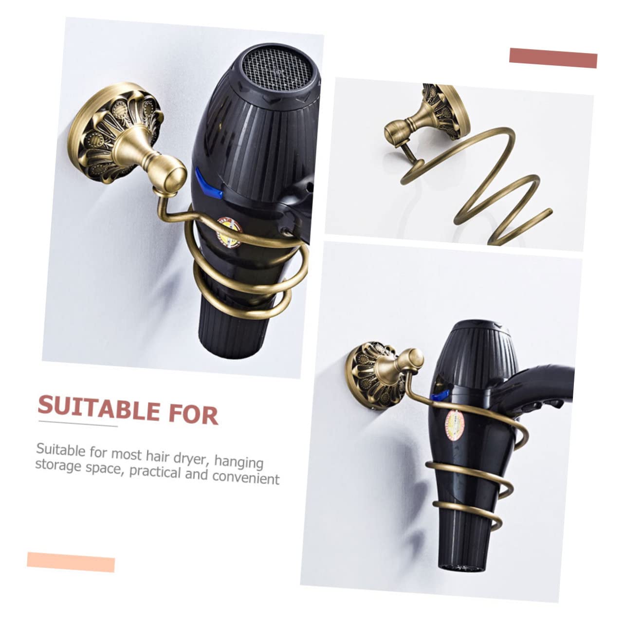 Cabilock 1 Juego Soporte para Perchas Soporte de soplador de Montaje en Pared Soporte para secador de Pelo Estante de Herramientas para el Cabello Estante para secador de Pelo Antiguo Cobre