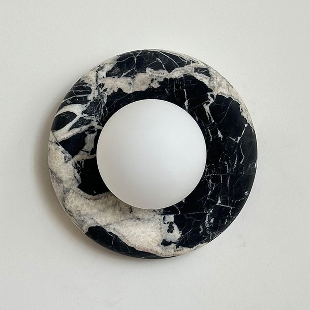 HXYSXHJUO Mid-century Round Alabaster Marble Wall Sconce, Circular Stone Vanity Light For Home Entryway Stairs Dining Bathroom Black white