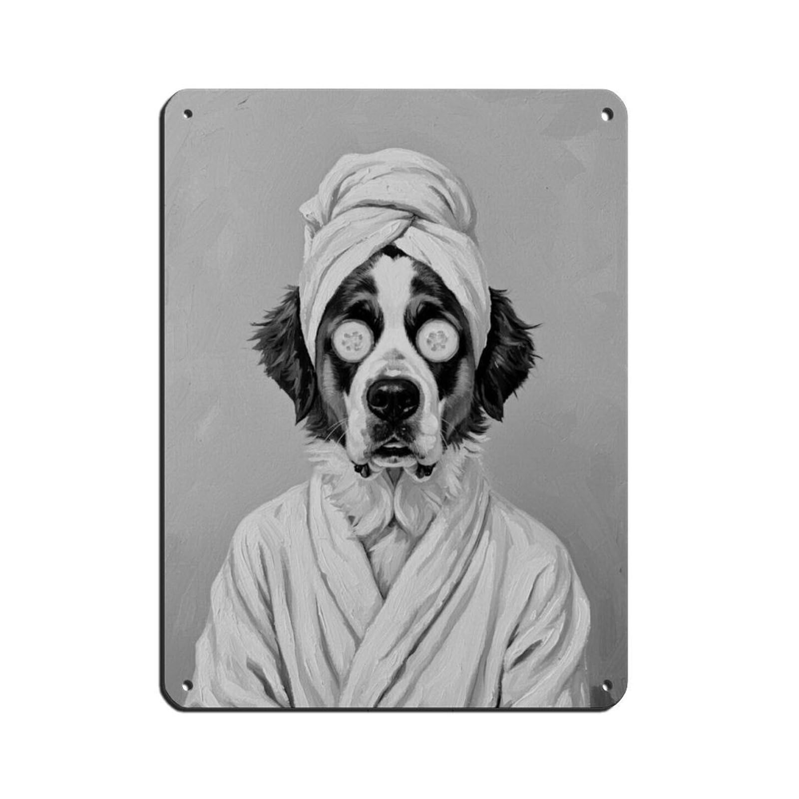 Dog in Bathrobe Headwrap And Cucumber Slices on Eyes Retro Poster Metal Tin Sign Chic Art Retro Iron Painting Bar People Cave Cafe Family Garage Poster Wall Decoration 12x16inch(30x40cm)