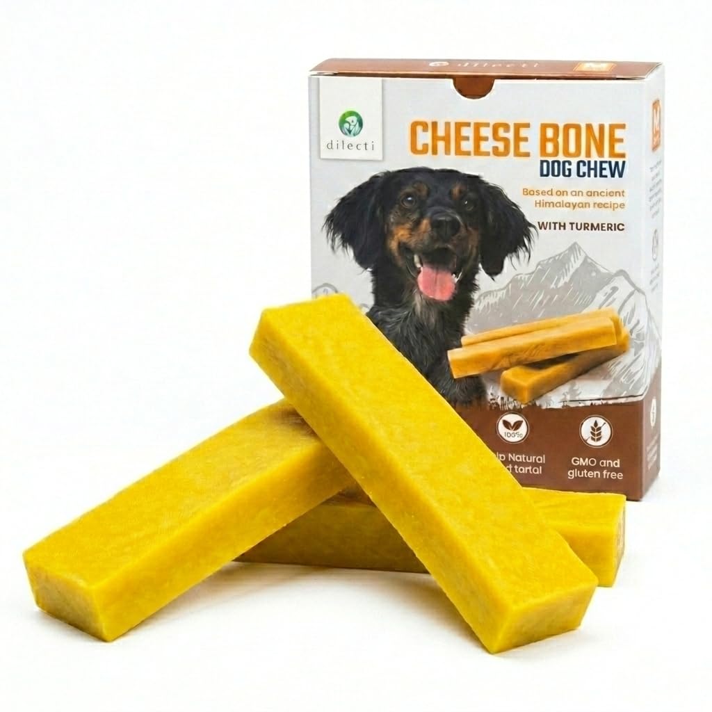 Dilecti Natural Dog Chews with Turmeric – Long Lasting Cheese Bones, Dog Treats for Dental Care, Yak Chews for Dogs (Medium, set of 3)