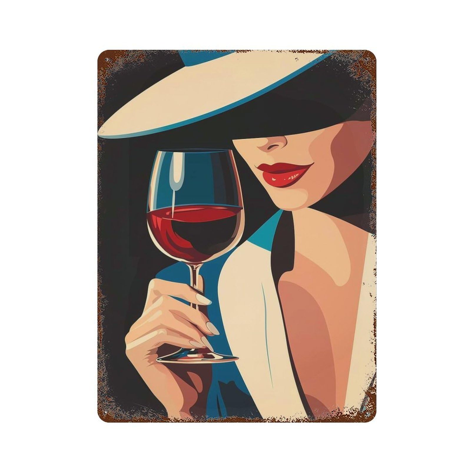 Woman with Wine Glass Rust Effect Tin Sign 15.7"x11.8", Industrial Home Decor for Garage, Bar And Workshop Decor