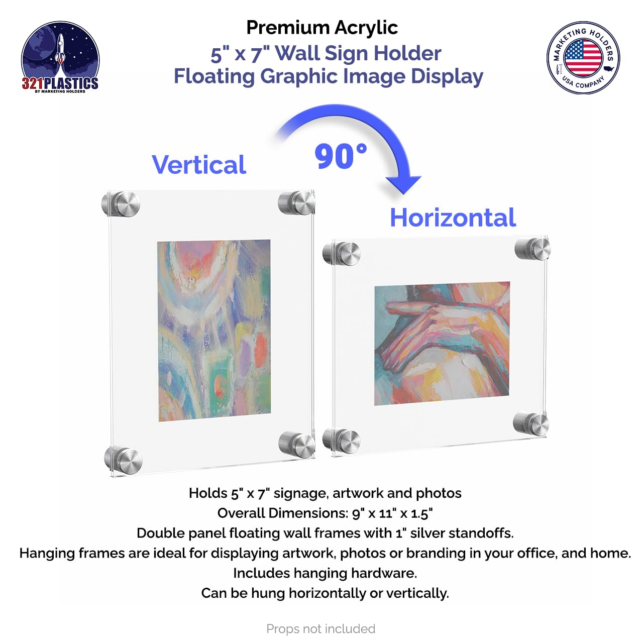 Marketing Holders Wall Sign Holder Clear Acrylic Office Wall 5 x 7 With Silver Standoffs Overall Dimensions: 9" x 11" x 1.5" Hotel Room Door Peel Protective Film on Both Sides Small Floating