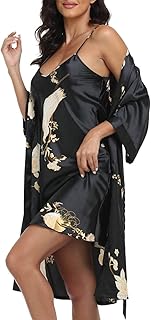 1stmall Women's Satin Robe Sets 2 Piece Nightgown Silk Pajama Sexy Floral Lingerie Lace Cami Sleepwear Night Robes